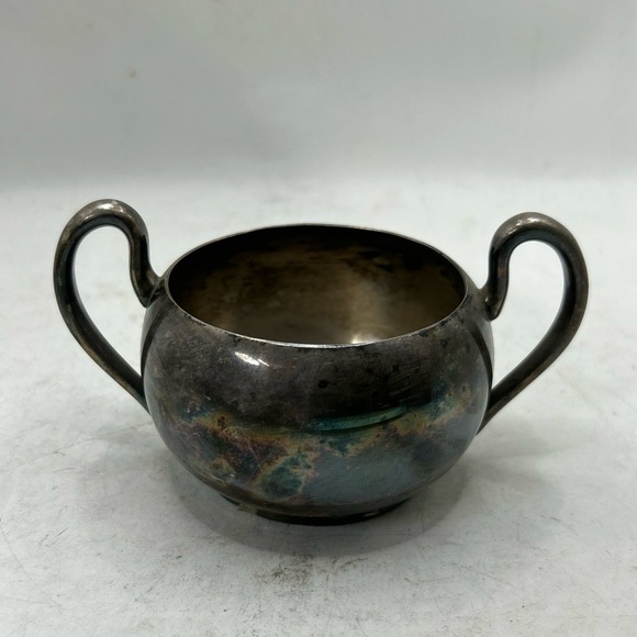 Vintage Sugar Bowl Tarnished Silver Two Handled‎ Antique Patina Decorative